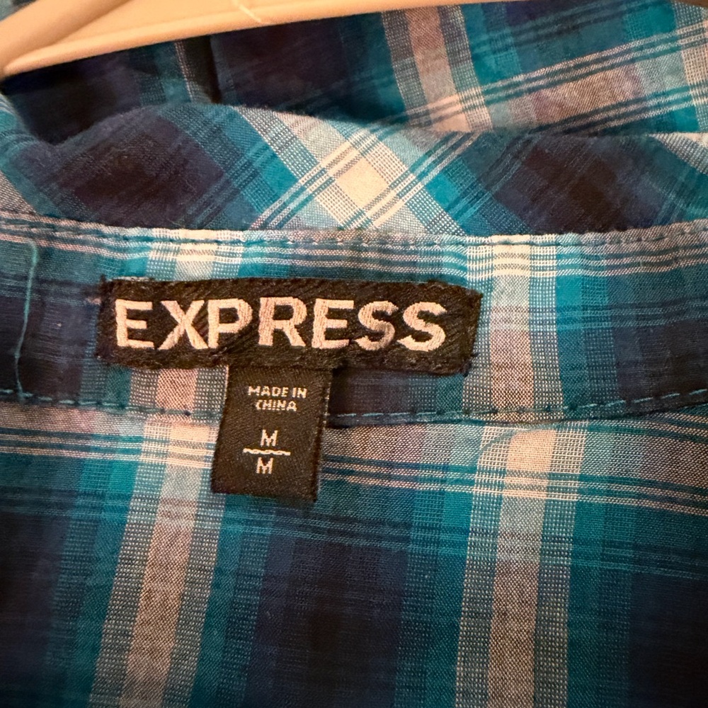 Express Blue Checkered Ruffle Button Down Shirt - Picture 3 of 3